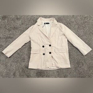 Zara Blazer Cream Long Sleeve Double Breasted Lined Jacket Pockets Women’s Large